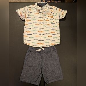 American Hawk Toddler Boy Car Print Button-Up Short w/ Dark Chambray Shorts 4T